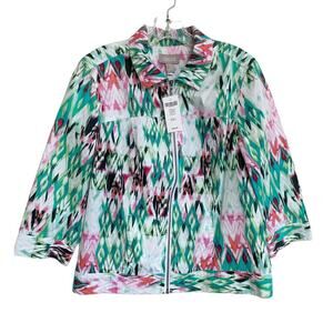 Chico’s Chevron Ikat‎ Minor Zip Jacket 3/4 Pattern Green, Pink, SZ 1 US size M 8